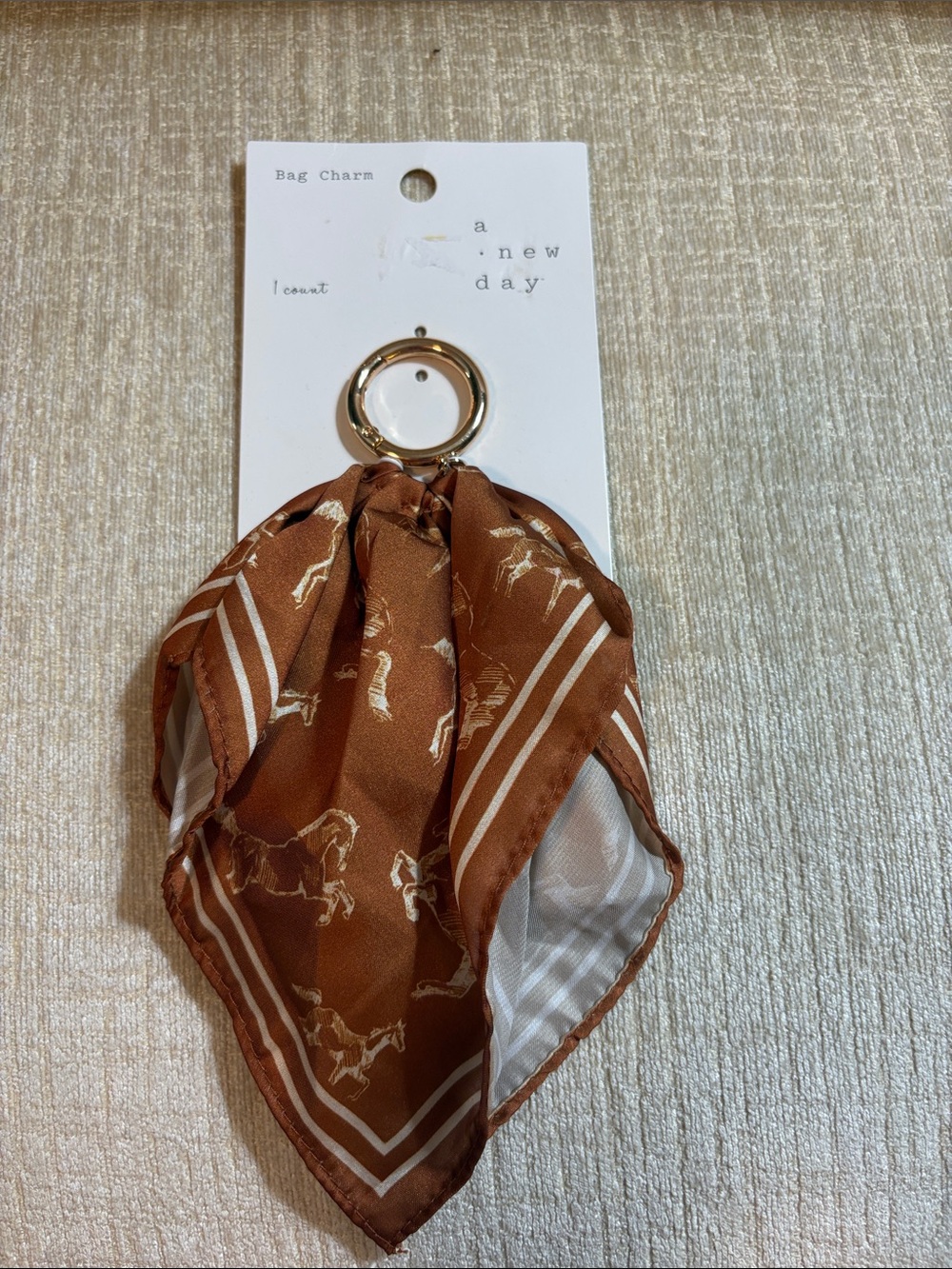 a new day Brown Horse-Print Scarf Bag Charm with Gold Ring